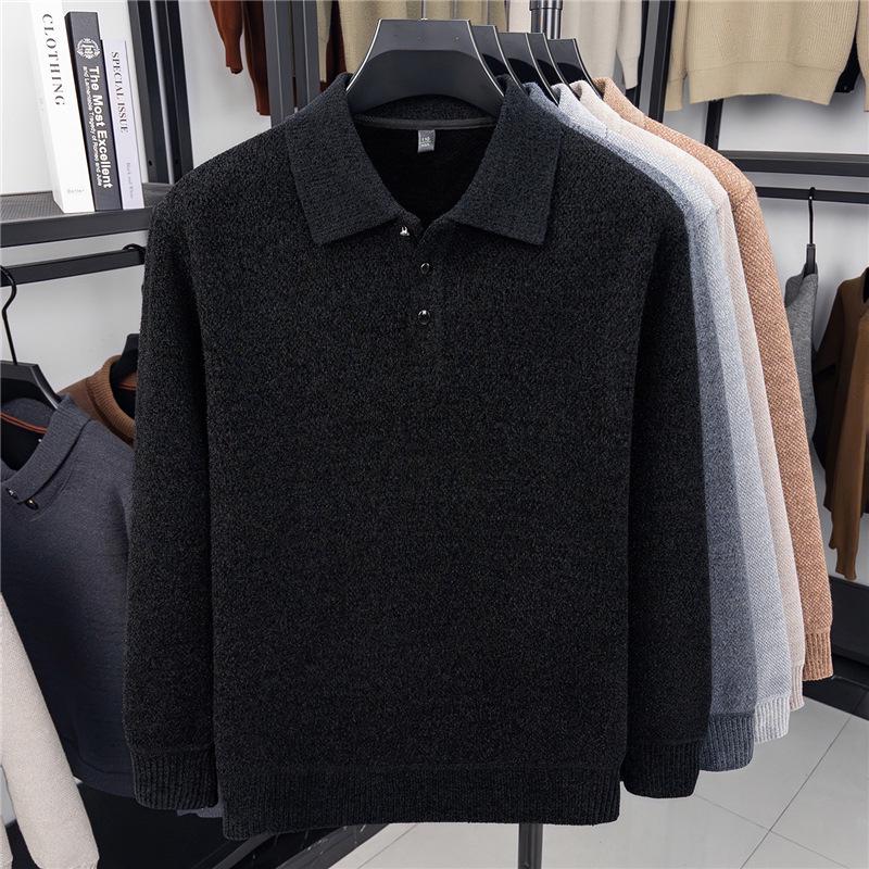 Men's Plus Velvet Knitwear Winter Lapel Polo Shirt - Middle-aged Casual Warm Long Sleeve Sweater Base Layer