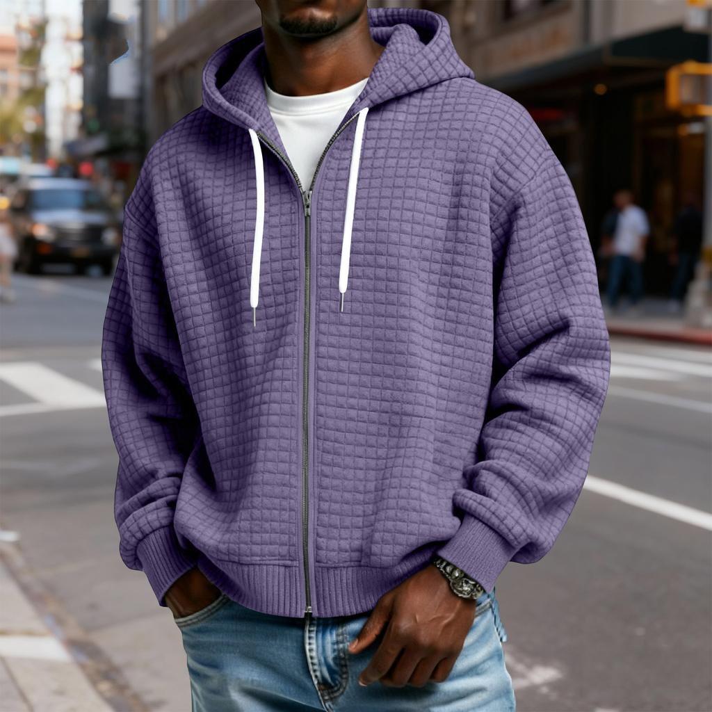 Men's Zip-Up Hooded Plaid Jacket- Drawstring Casual Sports Sweatshirt