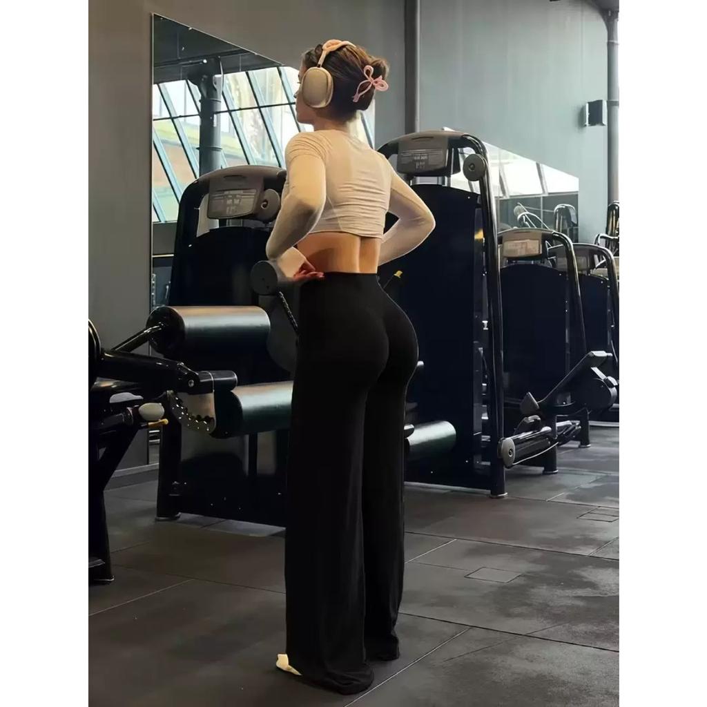 Ladies High-Waisted Wide-Leg Yoga Pants Solid Color Elastic Waistband Comfortable Fabric for Outdoor Fitness