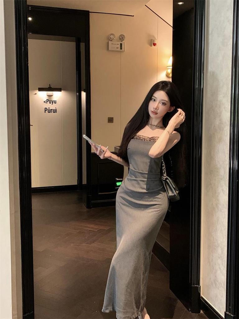 2025 Women's Petite French Gray Lace Patchwork Camisole Dress - Summer Hip-Hugging Long Dress