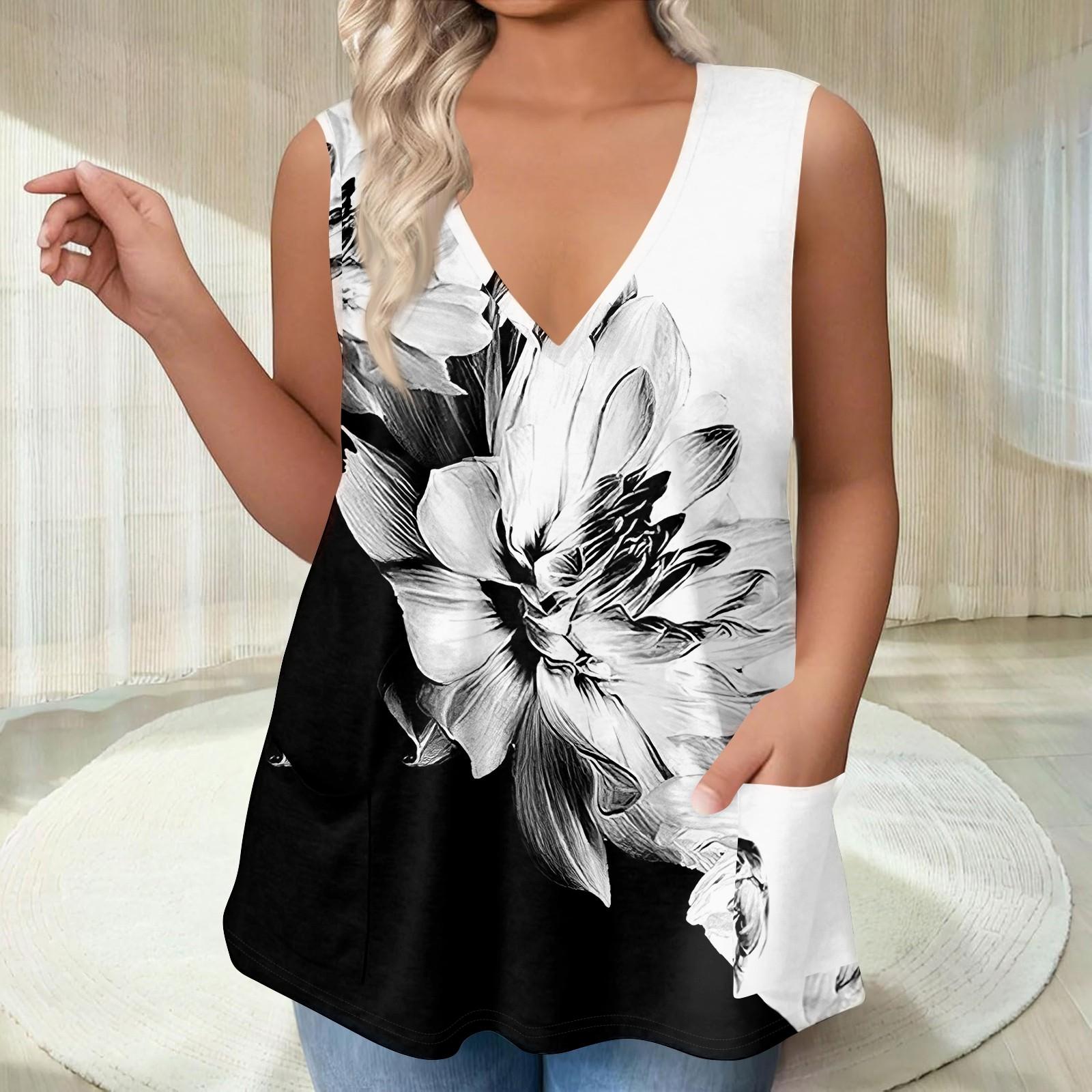 

Women s V-neck T-shirt Vest Loose With Pockets T-shirt Printed Bottom Shirt XL чорний