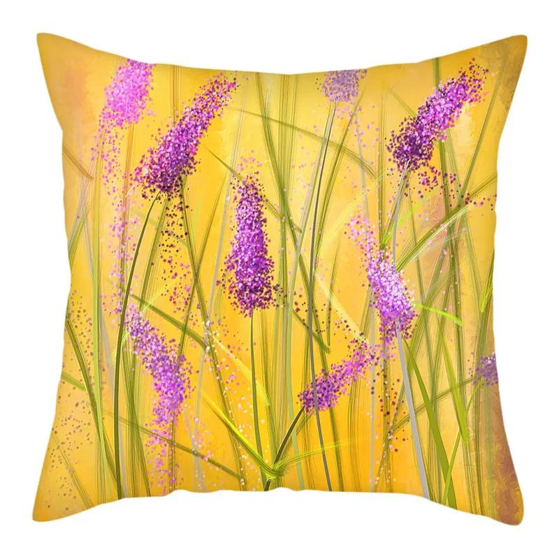 Purple Flower Lavender Polyester Cushion Cover Throw Pillowcase For Sofa Car Chair Living Room Decorative Pillow Cover 45X45Cm