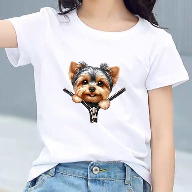 Kids Cotton T Shirt Sweet Yorkshire Terrier Dog Zipper Print Crew Neck Short Sleeve Tee Casual Breathable Boys Girls Summer Tops