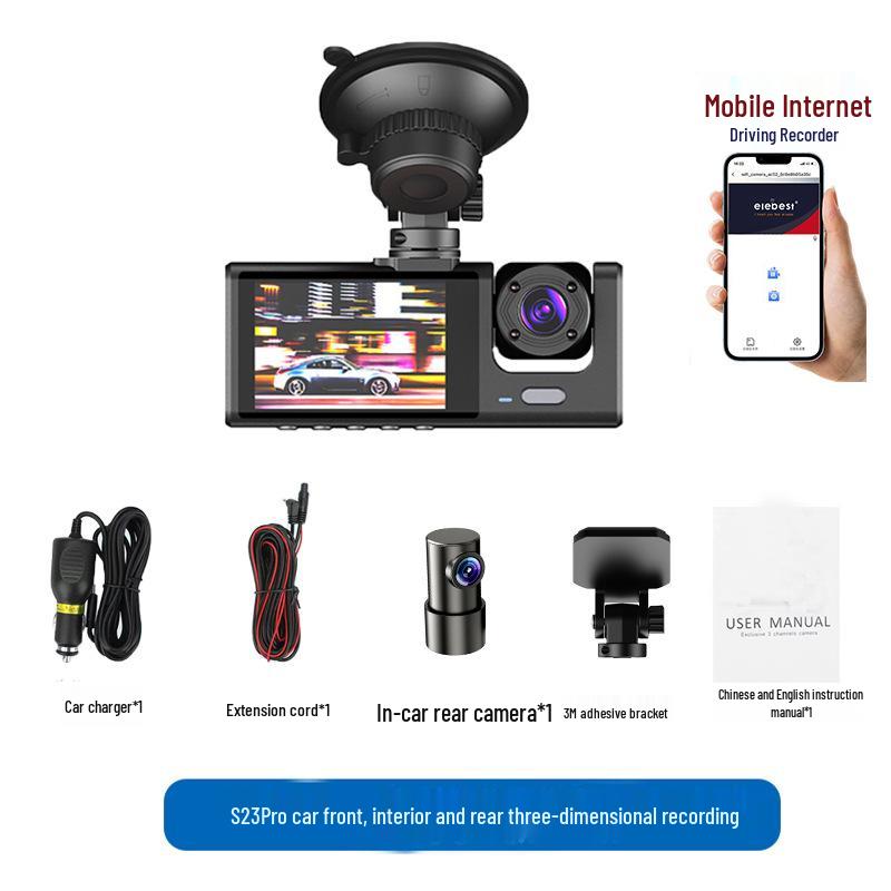 High-Definition Dual-Lens Dash Cam with Wide-Angle Night Vision and WiFi for Front, Interior, and Rear Recording