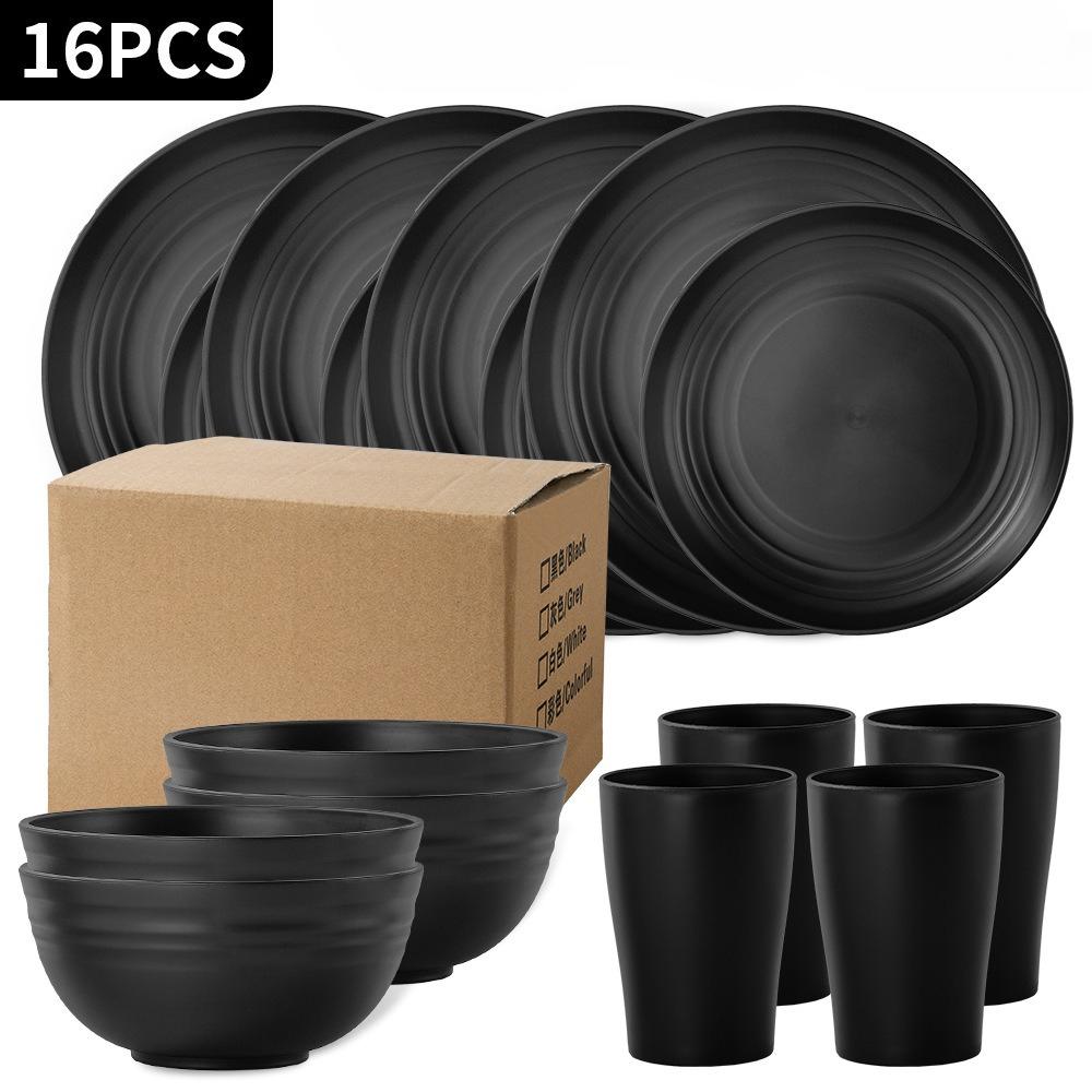 

Набор посуды из пшеничной соломы и ПП, 16 шт. Тарелки, миски, стаканы для дома, ресторана. Многоразовые пластиковые наборы посуды на 4 человек, для ужина