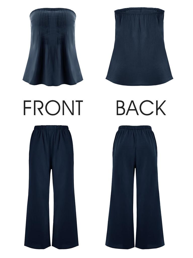 Completo Due Pezzi da Donna in Cotone con Top a Tubo Senza Spalline e Pantaloni a Gamba Larga