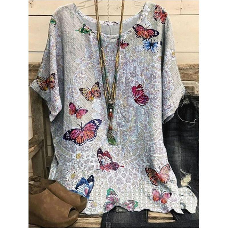 Printed round Neck Neck Casual Loose Top Print round Neck Top Women