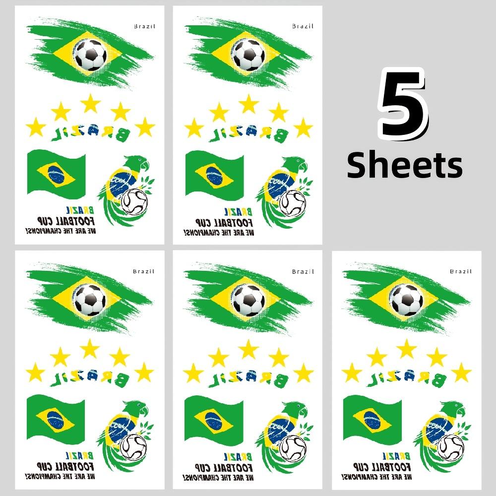 5 Feuilles Stickers Tatouage Temporaire Drapeau Brésilien pour Événements Sportifs Rassemblements de Fans Compétitions de Football Festivals Stickers Visage