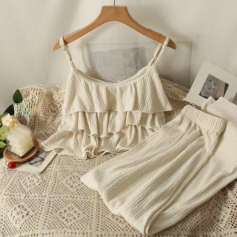Casual Summer Solid Two Piece New Sets Women Sexy Flounce Tops + Loose High Waist Pants Female Chic Elegant Patchwork Party Beach Suits