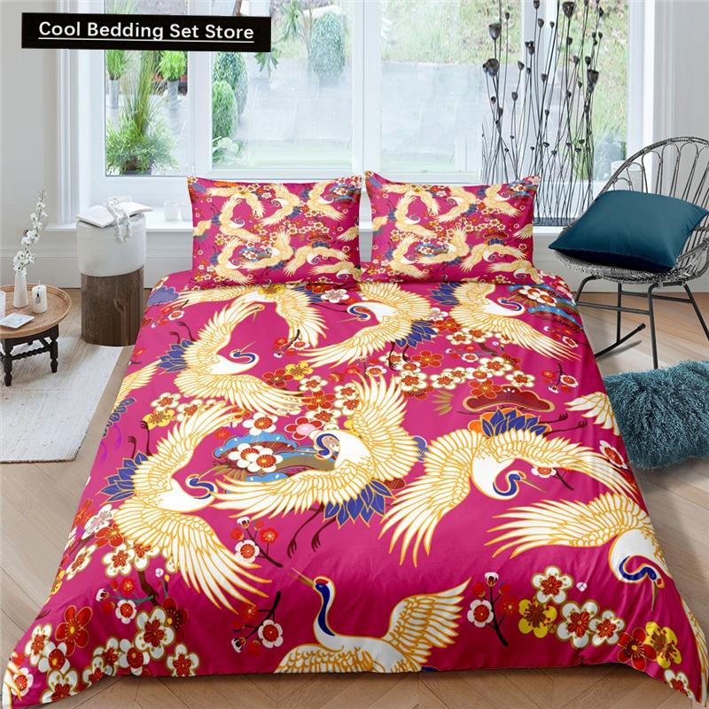Kranich Gedrucktes Bettwäscheset 3D Rote Japanische Kirschblüten Bettbezug King Queen Größe Floral Wolke 2/3tlg. Polyester Steppdeckenbezug