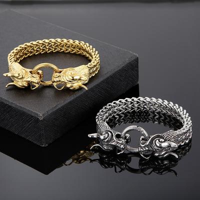Vintage Punk Bracelet for Men Stainless Steel Double Dragon Head & Link Chain Man Bracelet Viking Jewelry Hippop Street Culture