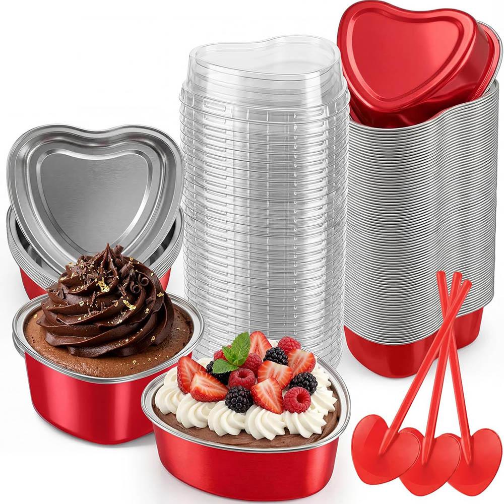 25/50 Heart-Shaped Aluminum Foil Cake Cups with Lids,Heat Resistant Baking Cups,Pudding Cupcake Cup,Perfect for Valentine's Day