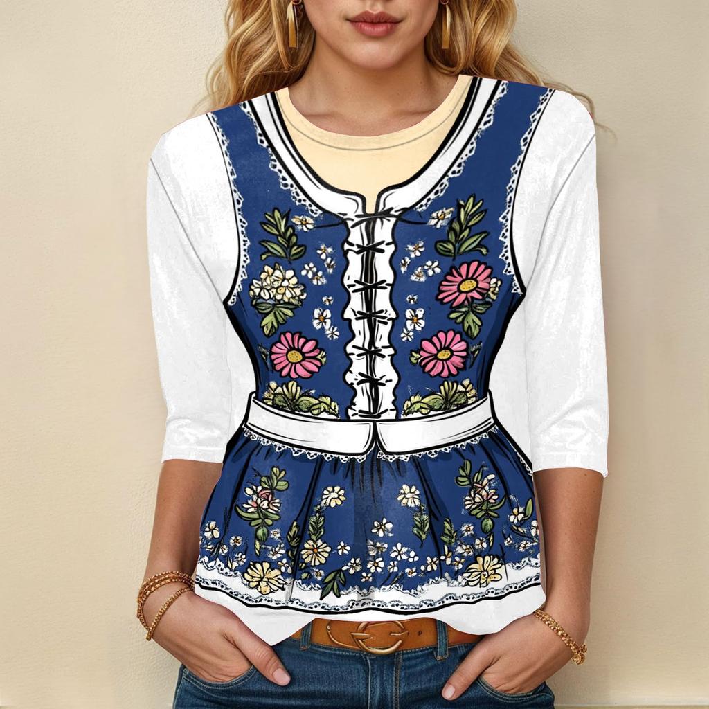 Damen Casual 3/4 Ärmel Oktoberfest Print Oberteil Rundhals Leichte Bluse für den Alltag und Saisonale Veranstaltungen