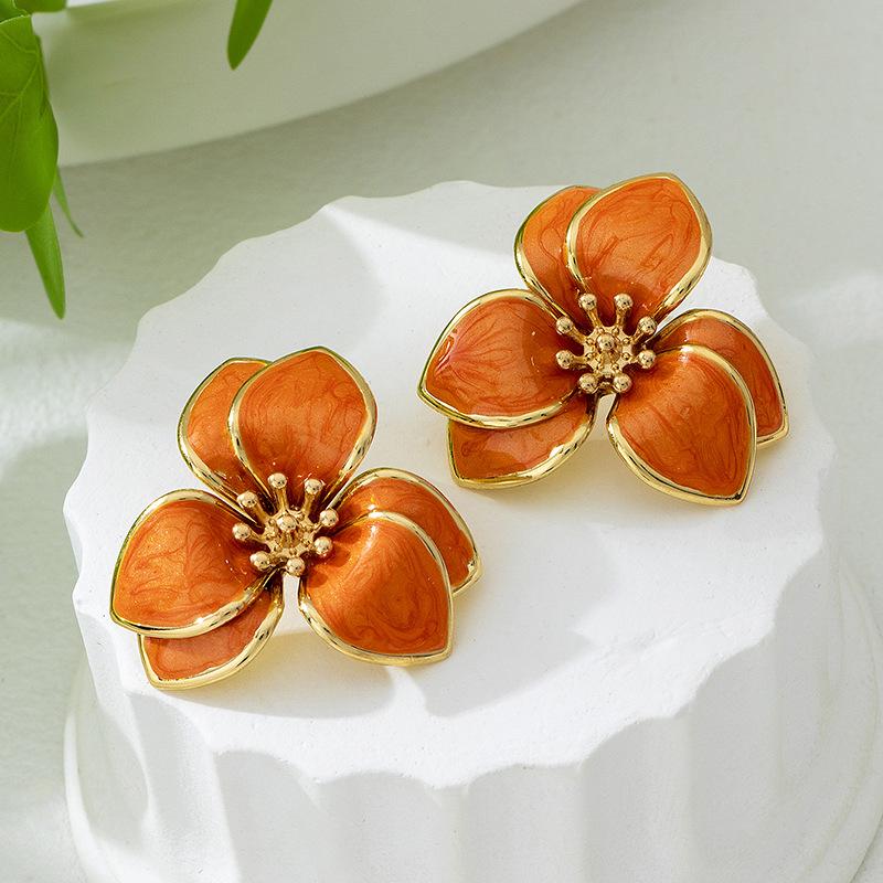 Simple Oil-Infused Flower Earrings And Necklace Set - Casual Jewelry Set For Women