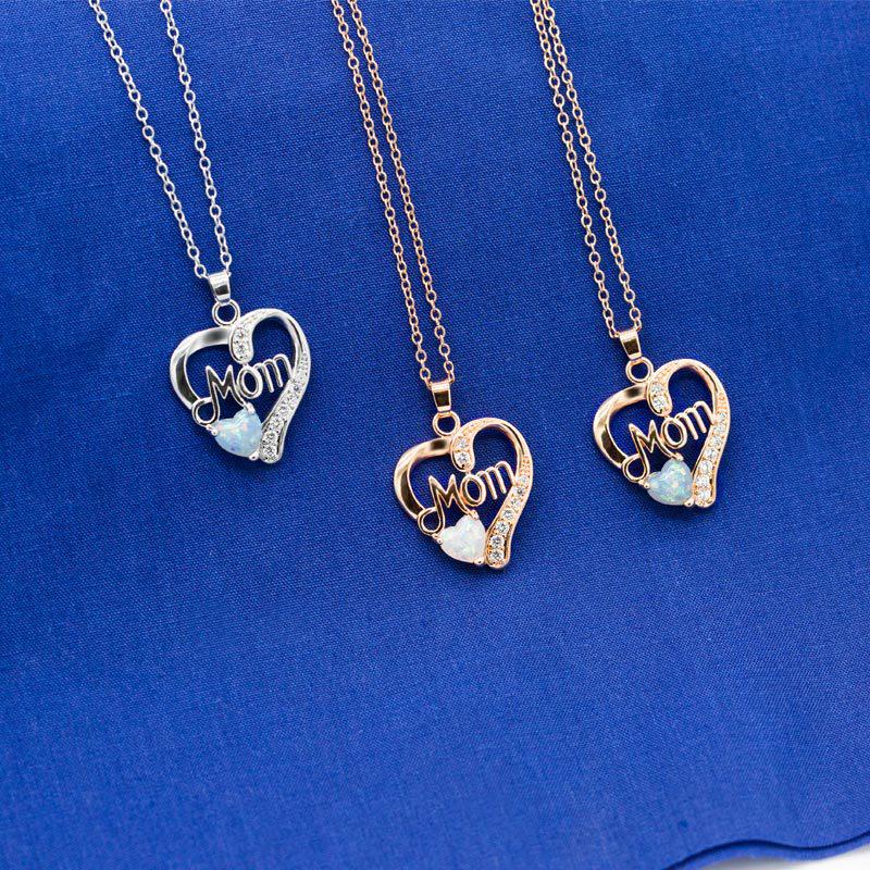 Mom Heart Opal & CZ Pendant Necklace, Mother's Day Gift Rose Gold/Silver Plated Cable Chain Necklace