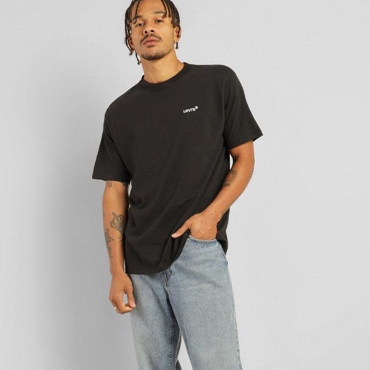 Levis Solid Logo Embroidered Crew Neck Pullover T-Shirt Unisex Tops Black A0637-0001