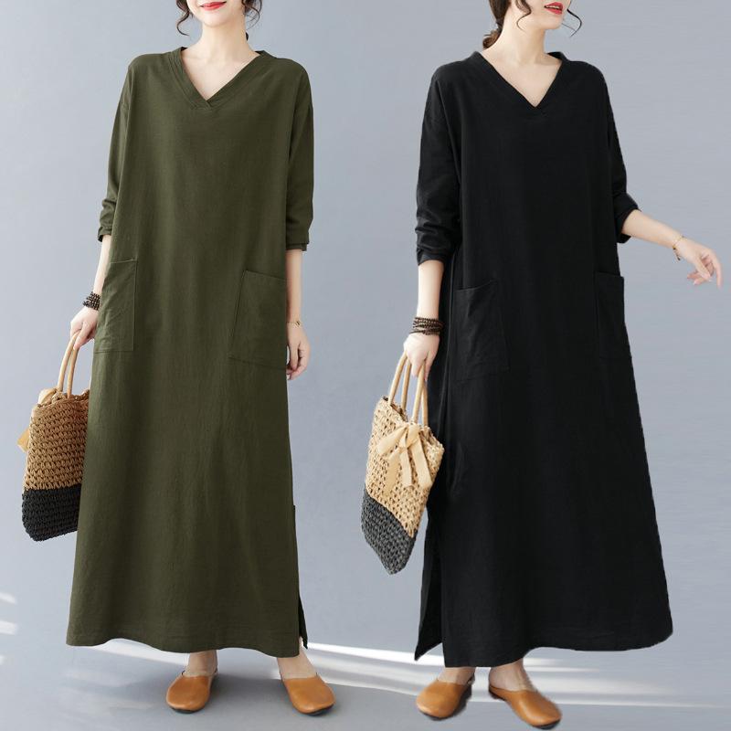 

2025 Новинка V-подібний виріз Кишені Довгий рукав Вільна Весняна Осіння Сукня Офісна Леді Робочі Сукні Модна Жіноча Повсякденна Довга Сукня One size помаранчевий