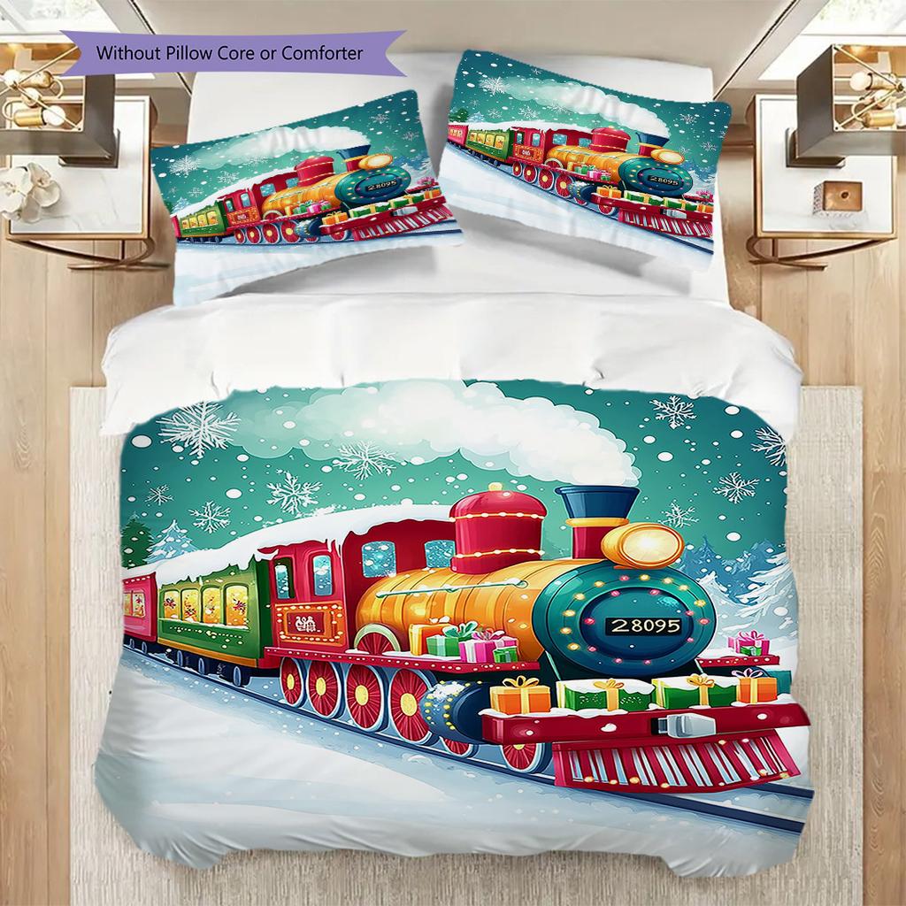 Train Pattern Bedding Quilt Set Quilt Cover Pillowcase Home Decoration Birthday Gift (1 * duvet cover + 2 * pillowcase, without core)