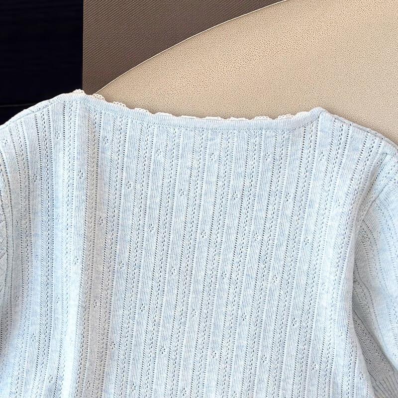 Women's French Style Lace Patchwork Knit Short Sleeve Top