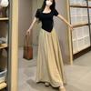 Women's Square Neck Short Sleeve Color Block A-Line Maxi Dress Casual High Waist Long Dress