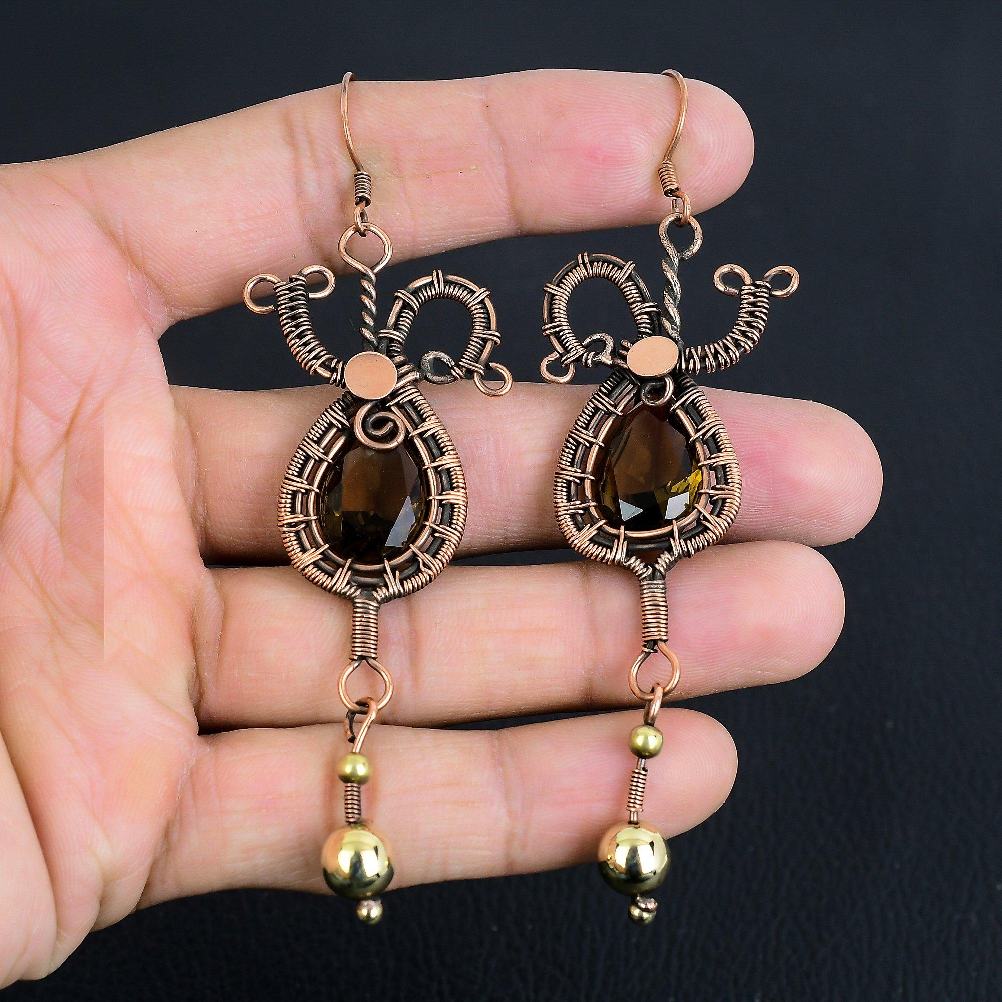 

Smoky Topaz Earrings Gemstone Jewelry,999 Copper Wire Wrapped Handmade Earrings, Latest Design Jewelry 3.55 Inches
