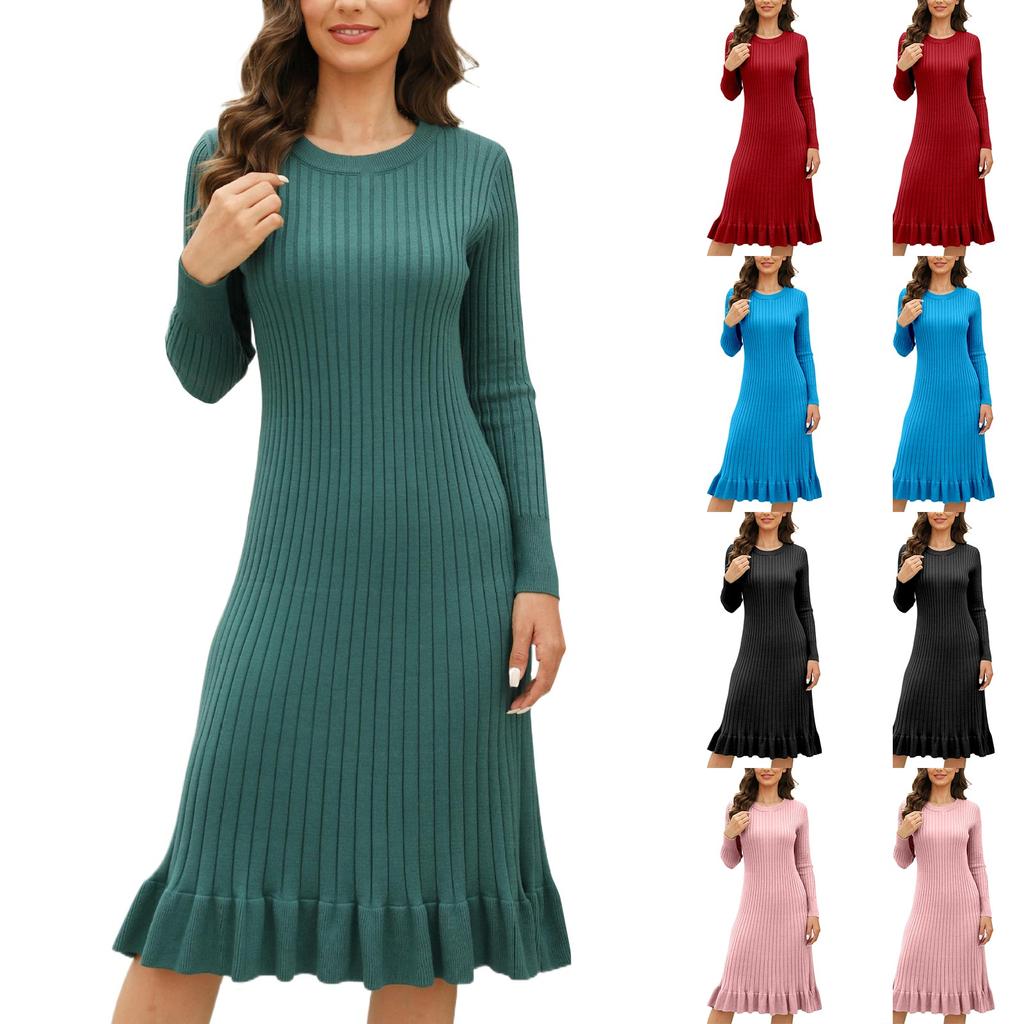 Women's Fashion Autumn Winter Slim Mid-length Knitted Pullover Ruffled Pleated Dress Pleats