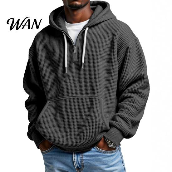 Easy Wear Versatile Outerwear Men Waffle Texture Sweatshirt, Loose Fit Long Sleeve Pullover Tops with Oversized Knit Sweatshirt for Front Pocket,