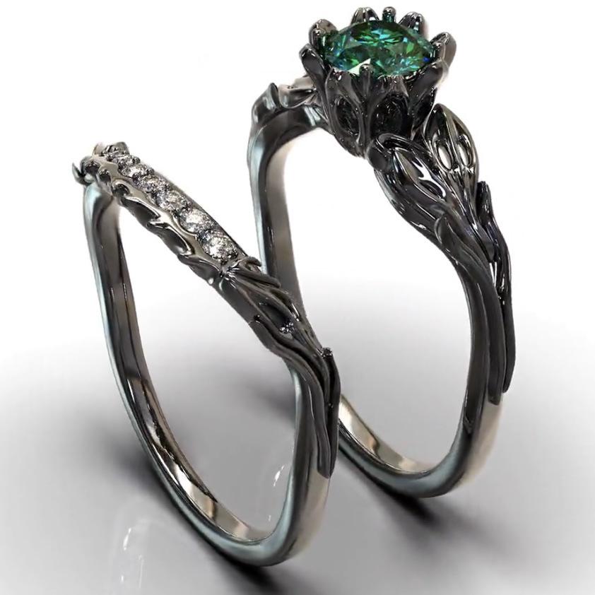 Sanjie SHEIN Emerald Inlaid Gun Black Wedding Rings for Women