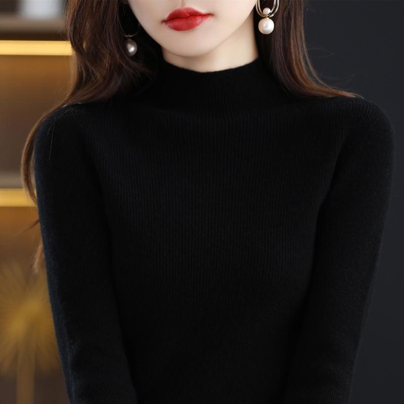 Women's Slim-Fit Korean Style 100% Wool Sweater, Half-High Neck Knit Base Layer for Autumn/Winter