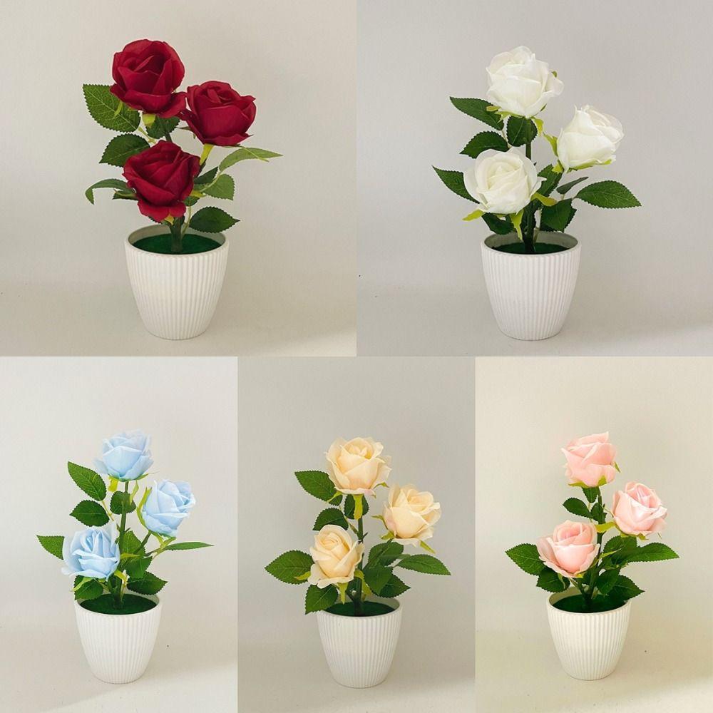 Multi-Bloom Artificial Rose Potted Flowers Red Plastic Fake Flower Home Decor