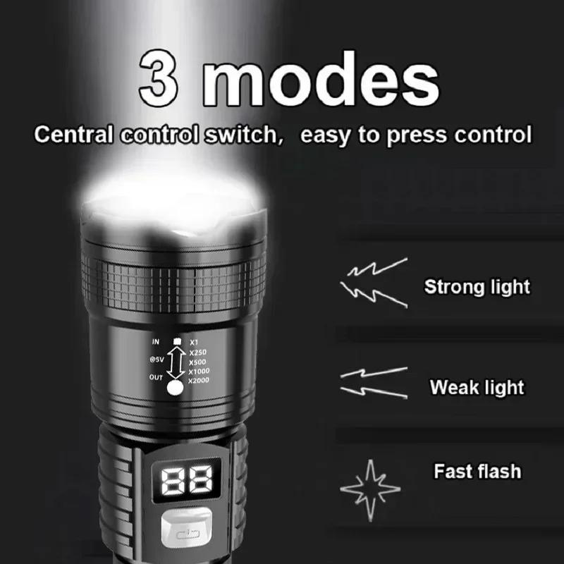 High Power Flashlight Zoomable Digital Display Outdoor Long Range Type C Rechargeable 3 Modes for Camping Hiking Emergency
