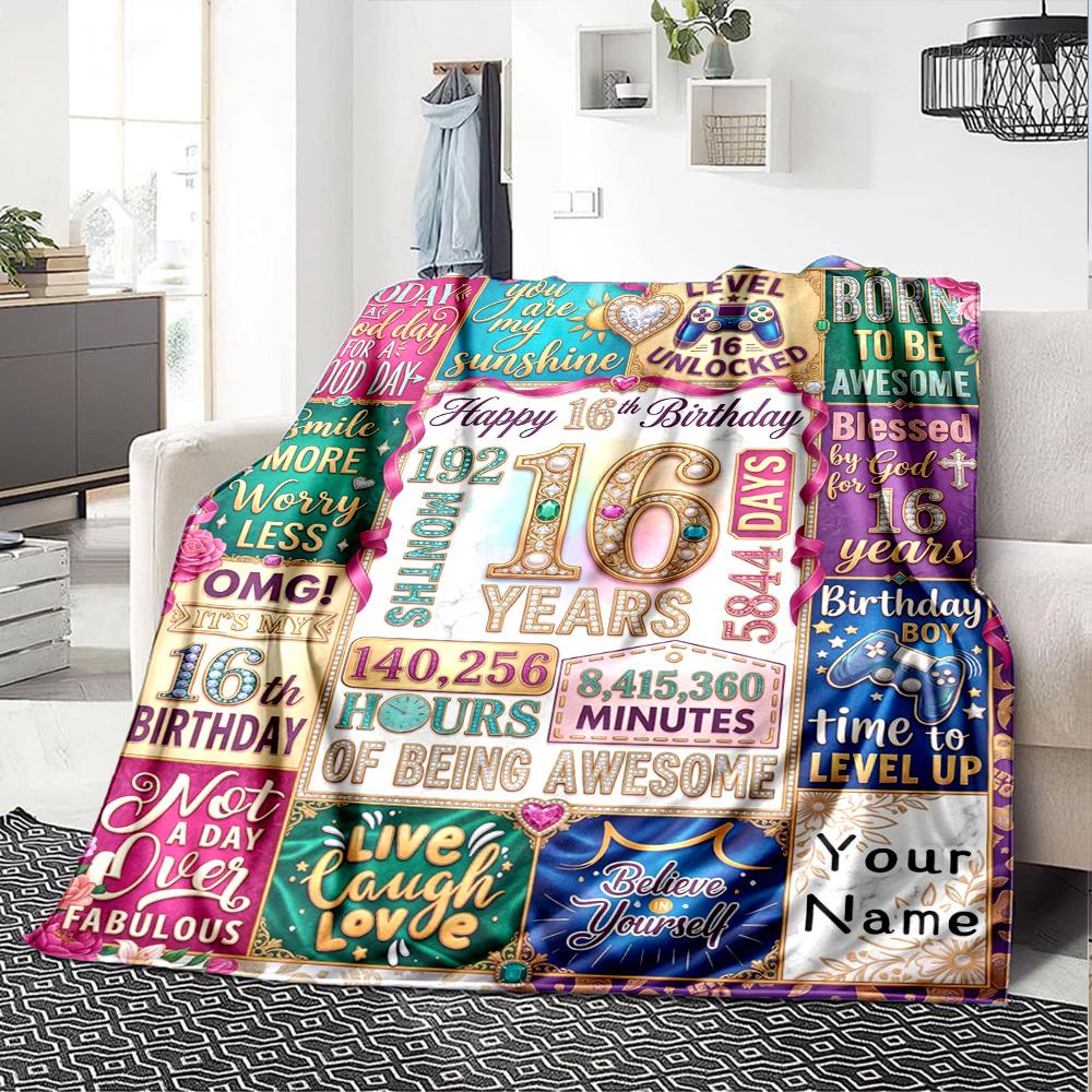 Happy 16Th Birthday Themed Blanket Personalized Name Soft Warm And Versatile For Sofa Bed Office And Travel Machine Washable Comfortable In All