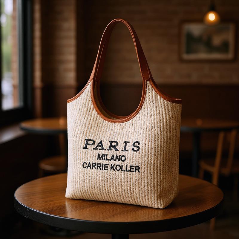 Country Style Women's Summer Straw Tote – Large Capacity Woven Bag with Embroidered Letters for Beach & Commuting
