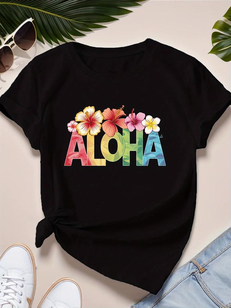 Aloha With Tropical Flowers Unisexs Sports Short Sleeve Tshirt Summer Short Sleeved Harajuku Streetwear Tops Aesthetic Clothes