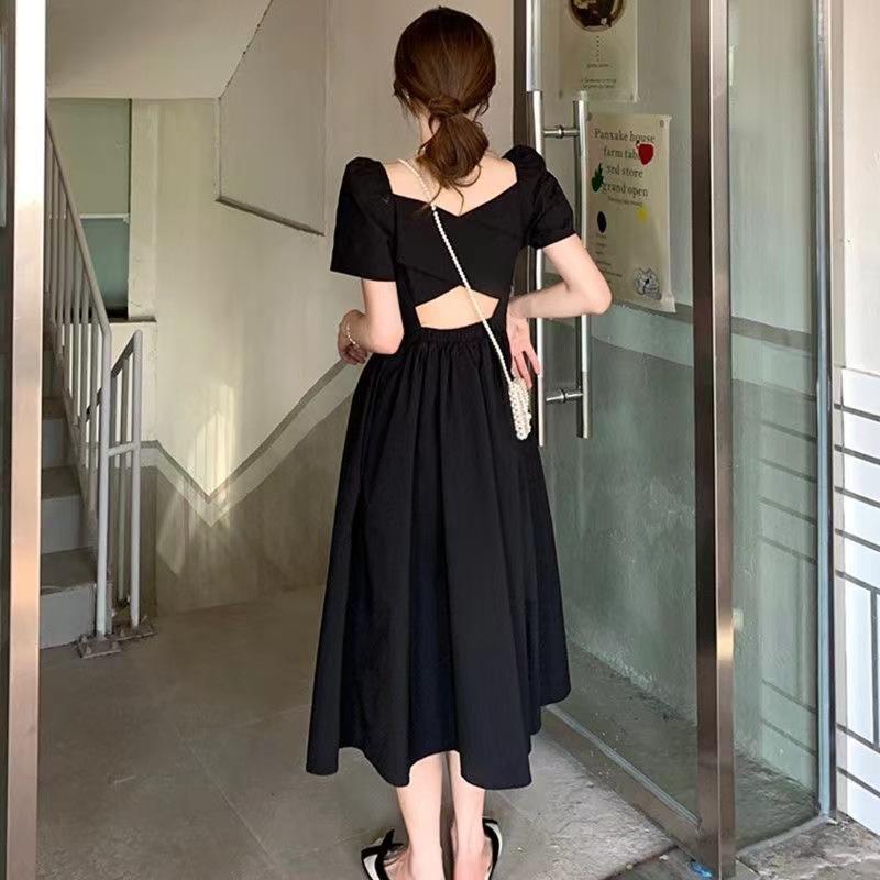 Black square neck French style backless fashion dress summer new fat MM waist thin hollow dress