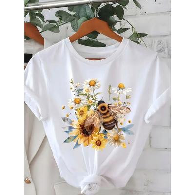 European Size Women's Casual Short-sleeved T-shirt-bee Flower Print Round Neck Top Spring and Summer Fashion White with Yellow and Blue Embellishment
