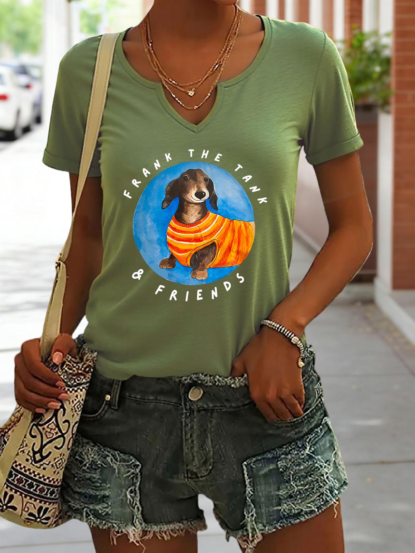 

Women s Summer V-Neck Short Sleeve T-Shirt, Frank The Tank & Friends Dachshund Print, Dog Lover Casual Fashion Top 2XL