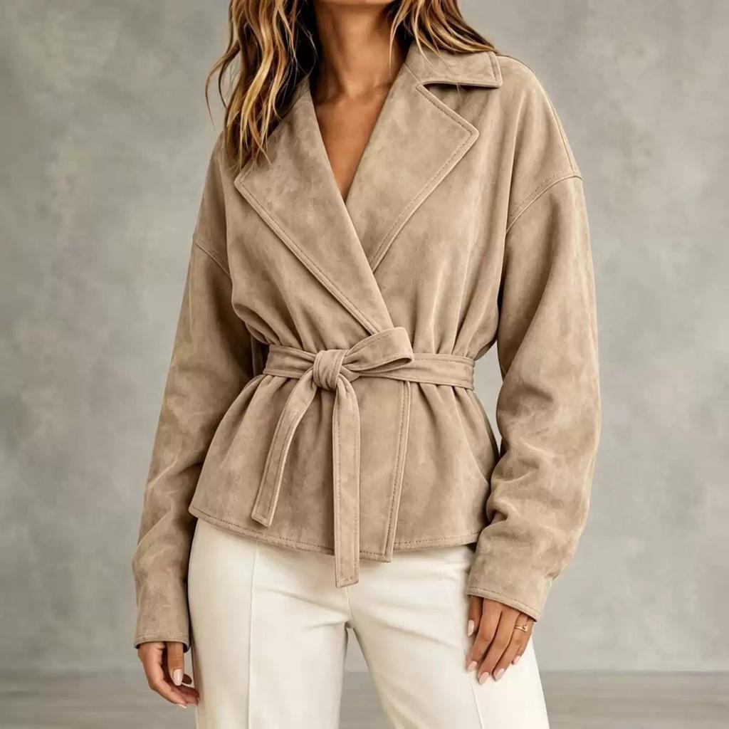 Damen Kunstwildleder Kurze Jacke Reverskragen Wickel vorn Mit Gürtel an der Taille Langärmelig Lässig Locker Oberbekleidung Mantel