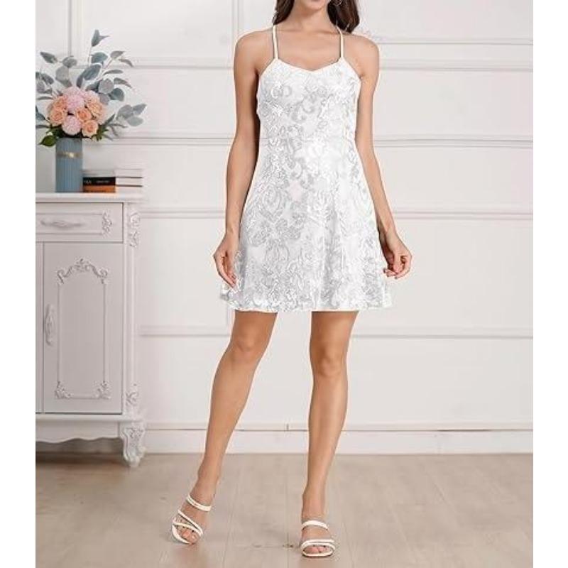 Women Sequined Loose V Neck Sleeveless Strap Cocktail Party Dress