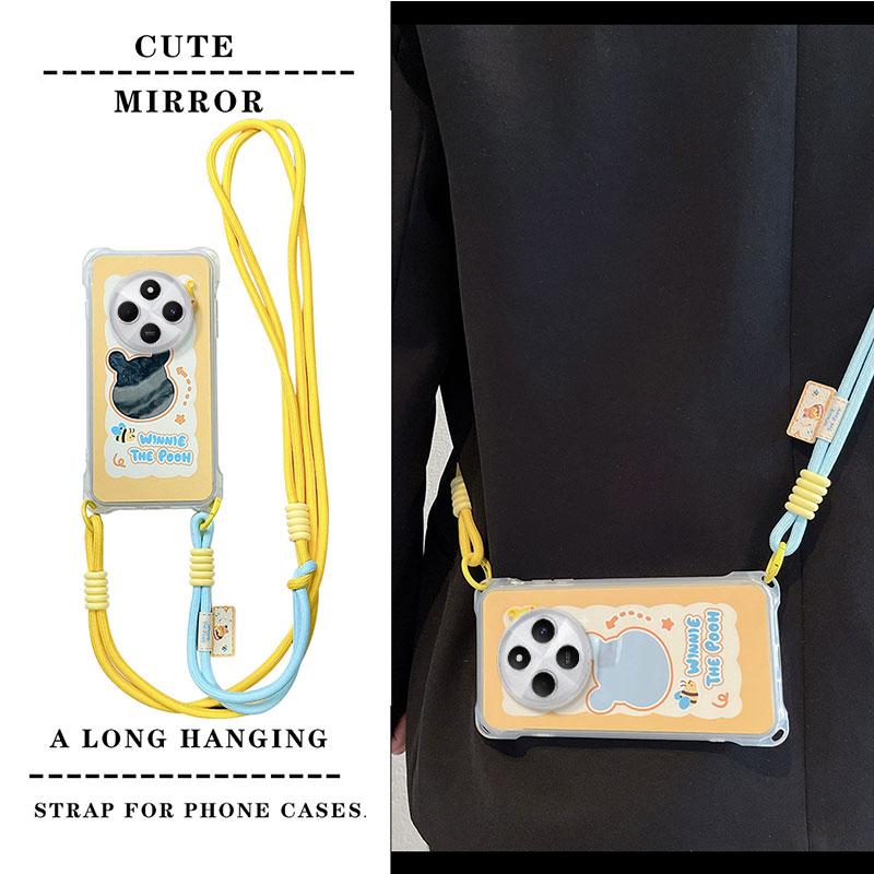 KEYSION Crossbody Strap Phone Case for Redmi 14C Cute Cartoon Long Lanyard Mirror Shockproof Cover for Xiaomi POCO C75