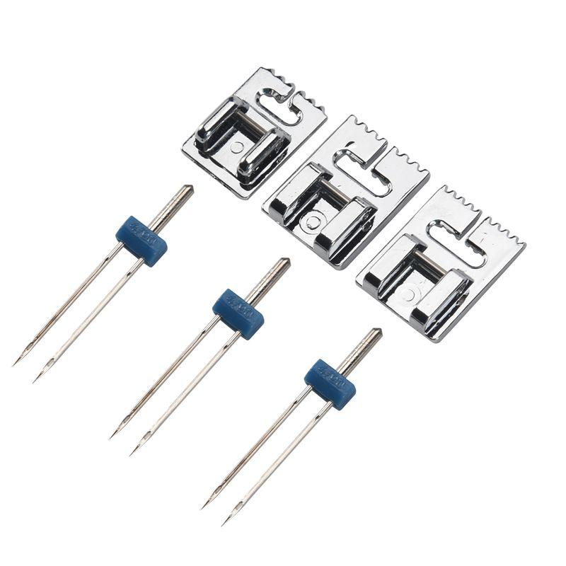 Feb.3 Pcs Double Twin Needles Pins (3 Size Mixed 2.0/90 3.0/90 4.0/90) With 3Pcs Groove Pintuck Presser Foot Sewing Machine Acce