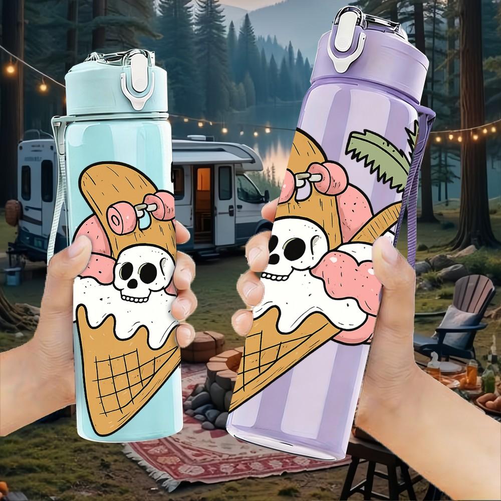 1PC Coconut Ice Cream Print 750ml Color Plastic Sports Water Bottle Leakproof Flip Straw Lid Suitable for Sports Office Home Use