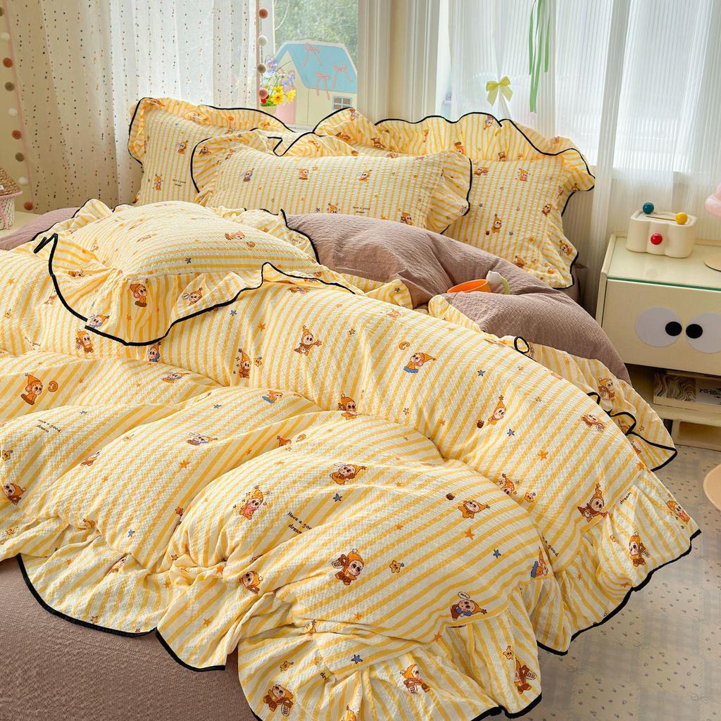 Bubble Cotton Fresh Floral Lace Bedding Set - 4-Piece Soft Duvet Cover & Sheet