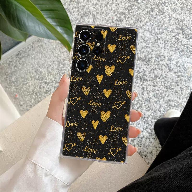 Gold Pink Rose Glitter Hearts Phone Case For Samsung S24 S23 Ultra S22 S20 Plus S21 FE Clear Cases Cover Galaxy S24Ultra Fundas