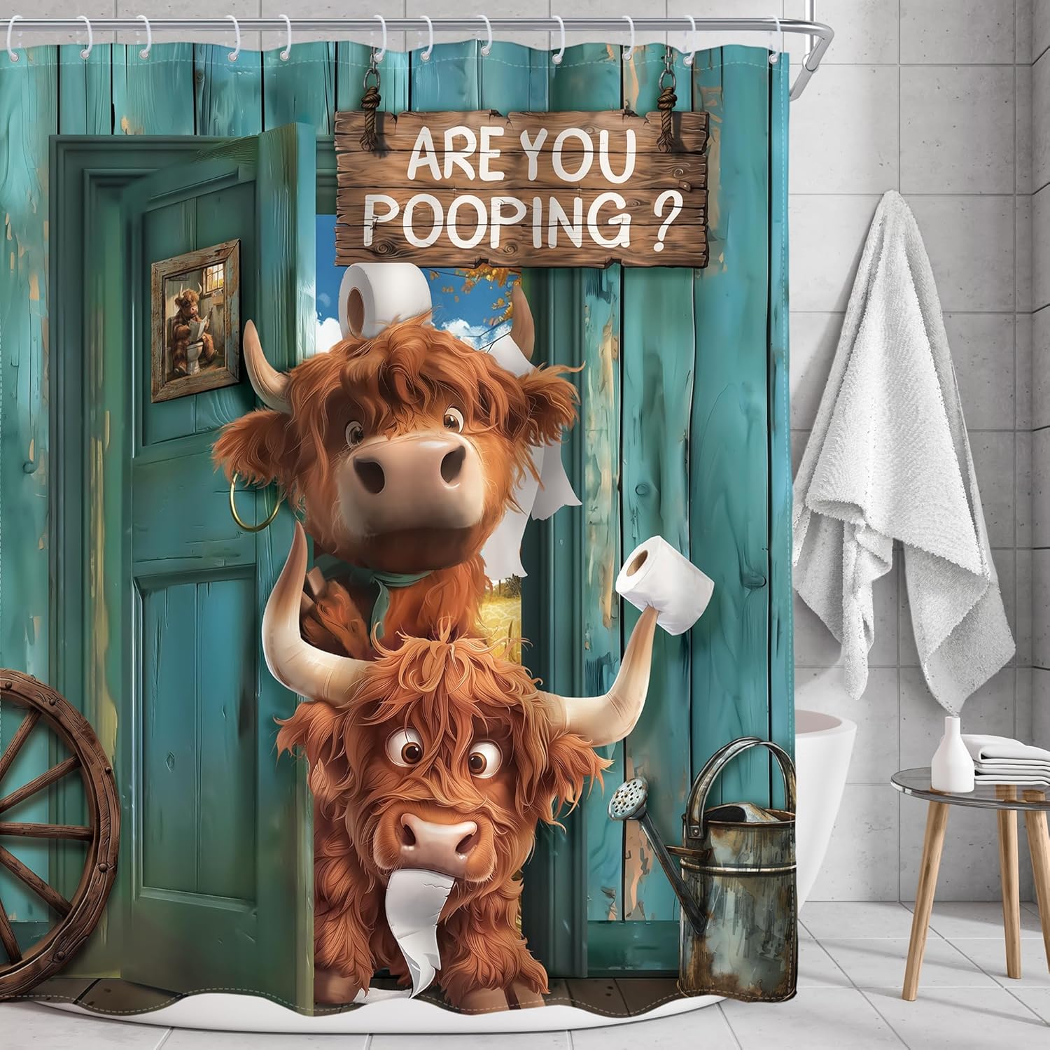 Monika Chen Green Funny Highland Cow Shower Curtain, Vintage Farmhouse Retro Plank Door Rustic Animal Artwork, Waterproof Washable Decor