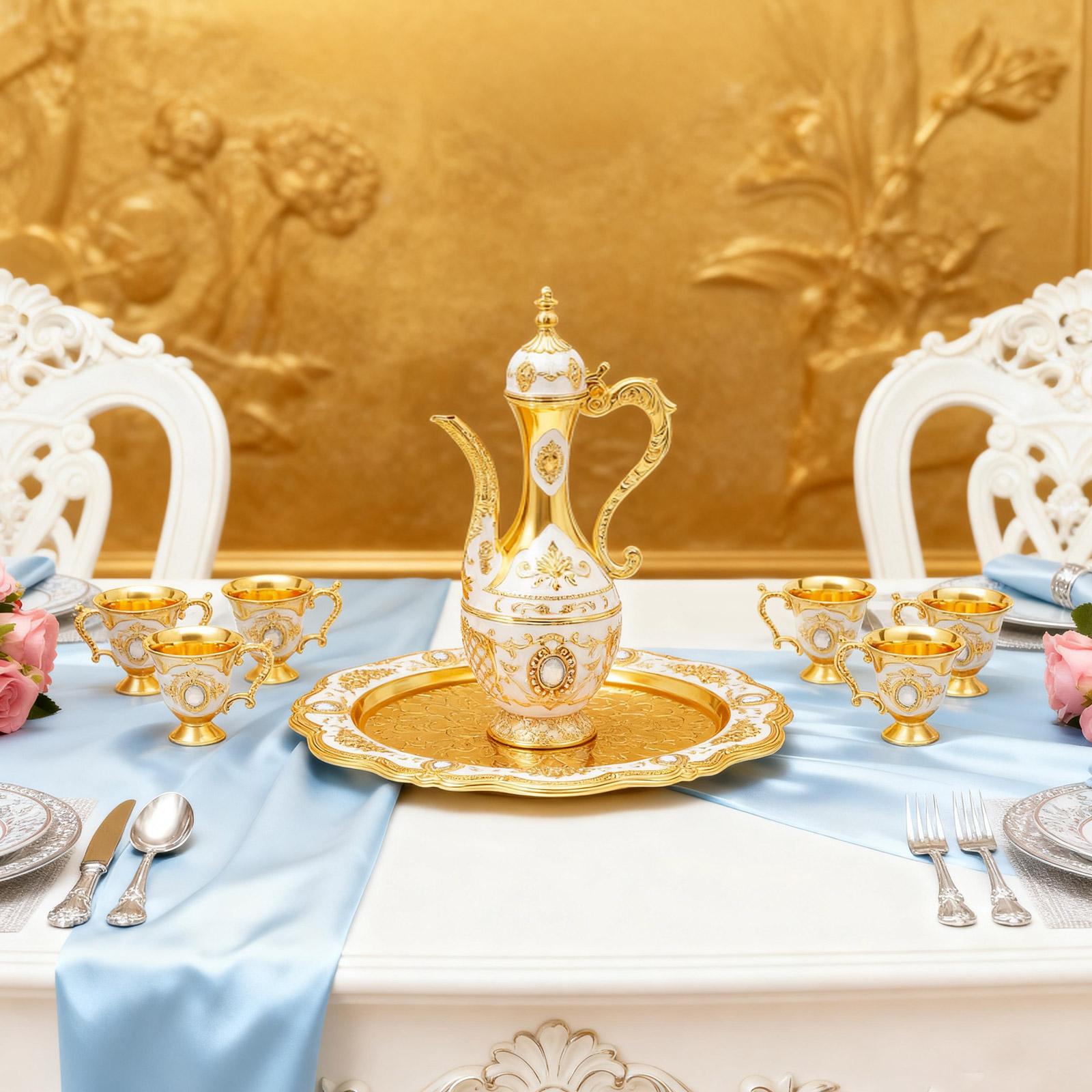 

Винтажный турецкий набор для чая и кофе - 6 золотисто-белых чашек с подносом, античный декор из цинкового сплава, посуда для дома, подарок, свадьба