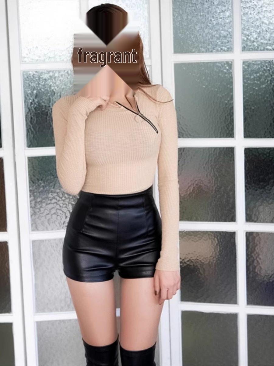 

Women s Petite High-Waisted Coffee Leather Bootcut Shorts for Autumn/Winter S
