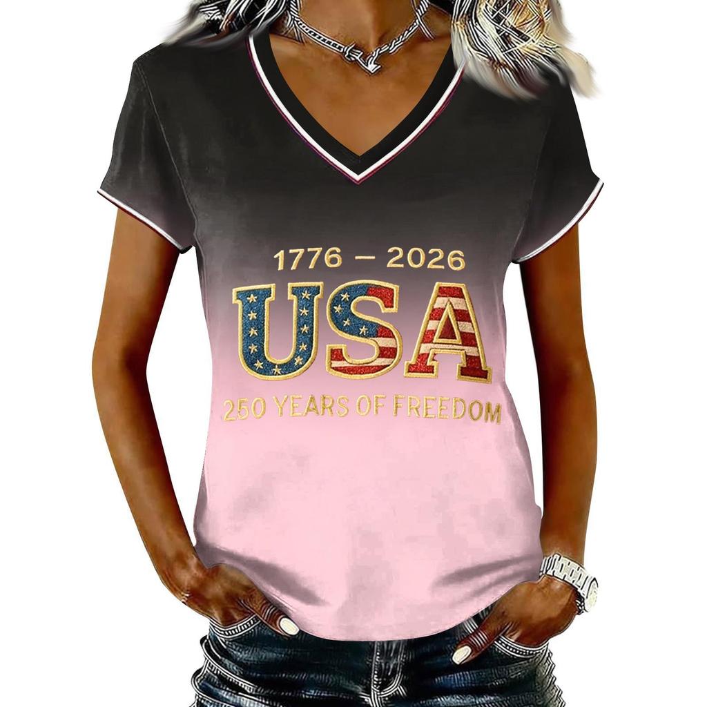 Women Casual V Neck Short Sleeve Pullover T Shirt Gradient Print USA Independence Day Graphic Top