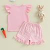 Girls Summer 2 Piece Outfits Short Sleeve Bunny Embroidery Tops Plaid Shorts Sets