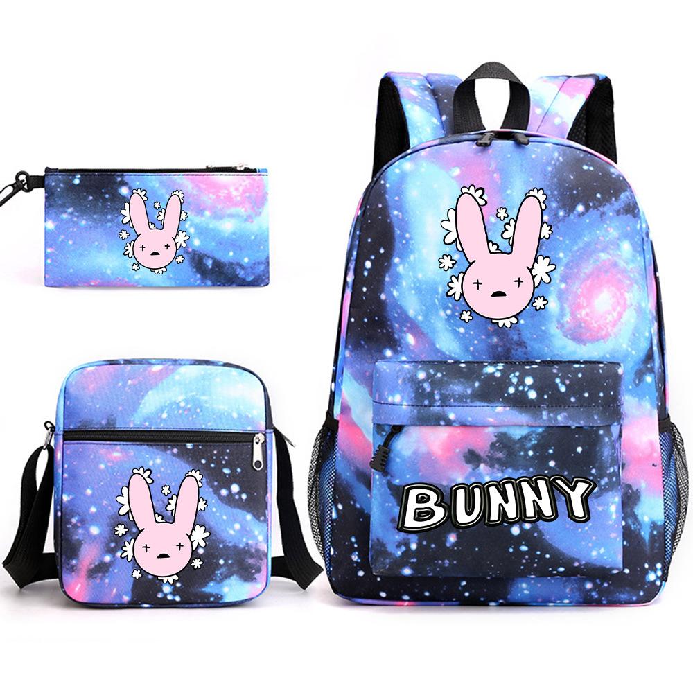 Popular Novelty Cool Bad Bunny Print 3pcs/Set Pupil School Bags Laptop Daypack Backpack Inclined Shoulder Bag Pencil Case